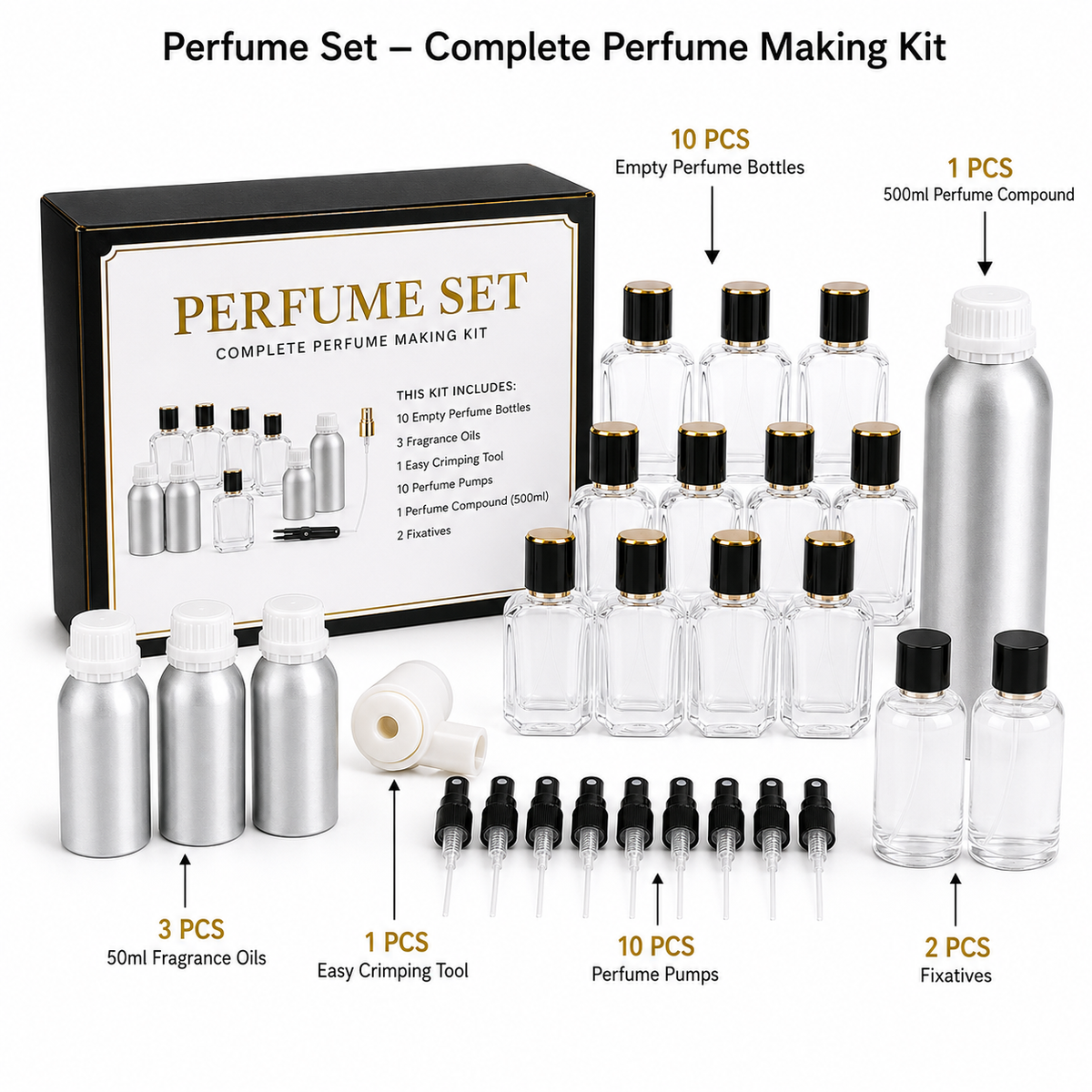 Complete Perfume Making Starter Kit | 10 Bottles, 3 Fragrance Oils, Crimping Tool & Accessories