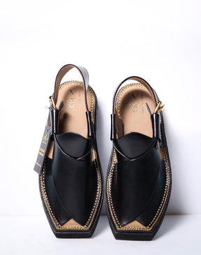 Black Kaptaan Chappal in Pure Hand Made Cow Leather - Baashis